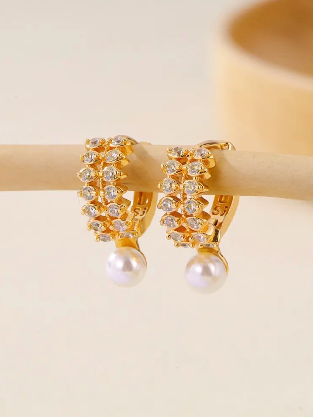 18k Gold plated Pearl Drop Hoop Earrings with Crystals